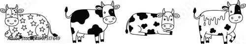 Cartoon cow icons, farm animal vector, creative cattle illustration, spotted star patterned cow artwork, black silhouette design, livestock graphic set