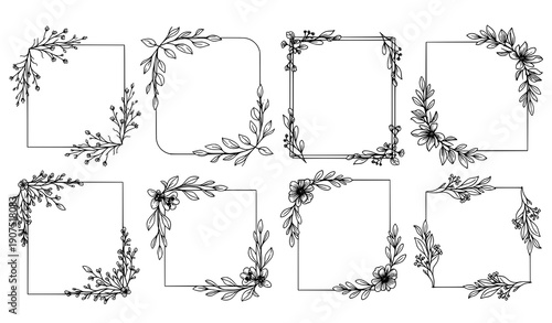 Hand drawn delicate botanical corner frames floral wedding vector collection