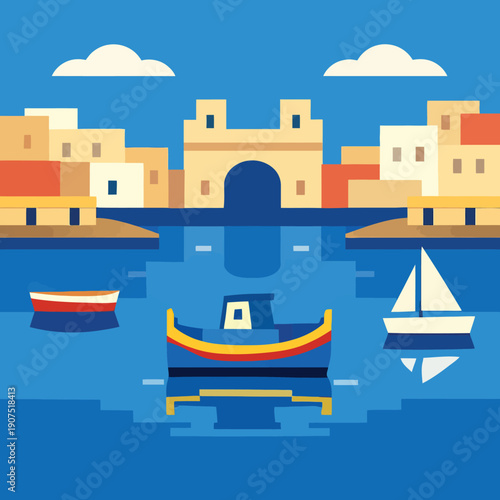 Gaza Malta Scenic Harbor Illustration
