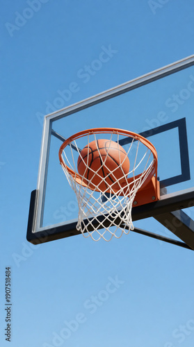 Orange Basketball Going Through an Orange Rim with White Net on a Transparent Glass Backboard, Clear Blue Sky Background, Outdoor Basketball Concept, Generative AI Illustration