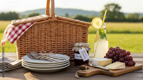 Wallpaper Mural Picnic setup with wicker basket, plates, and fresh fruit outdoors on a sunny day. Torontodigital.ca