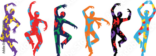 Colorful dancer silhouettes set, abstract human figures, modern art style, creative dance poses, vibrant vector illustration, isolated on white background
