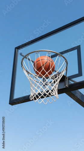 Orange Basketball Going Through a Silver Rim and White Net on a Transparent Backboard with Dark Frame, Clear Blue Sky Background, Outdoor Basketball Concept, Generative AI Illustration