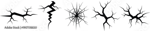 Cracked ground and broken surface silhouettes set, earthquake damage fissures illustration, abstract crack shapes for disaster texture design