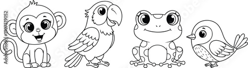 Cute cartoon animal outline set, monkey parrot frog bird characters, kids coloring book style, black white vector illustration isolated