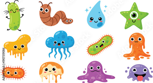 Cute cartoon germs bacteria microbes set, colorful funny virus characters illustration, kids education microbiology concept, playful mascot design vector collection