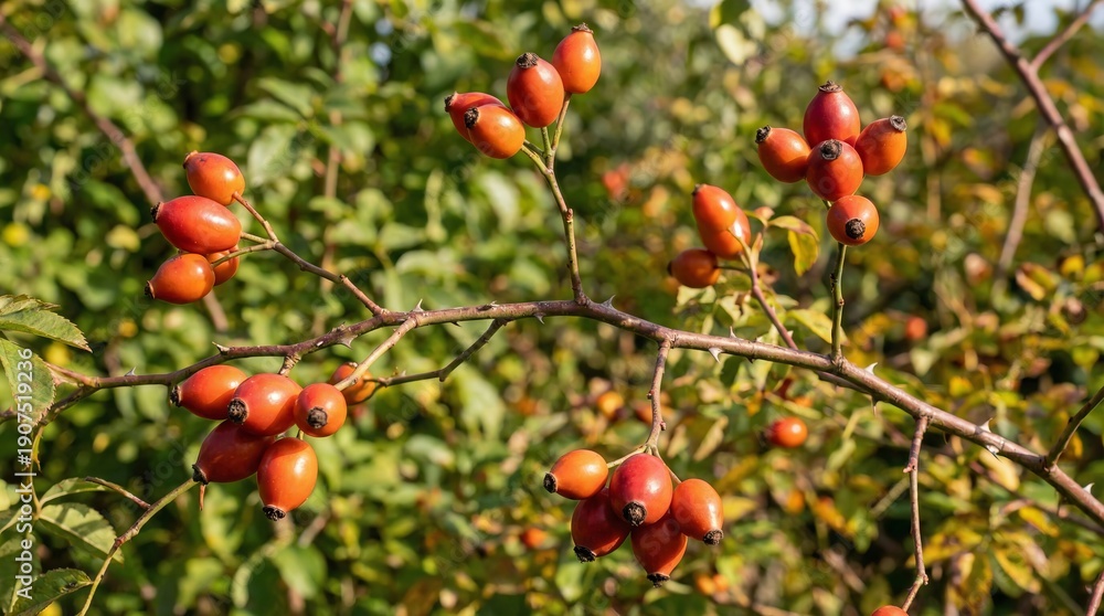 Obraz premium Branch with fresh ripe rosehip fruits in garden, green leaves background, autumn botanical plant