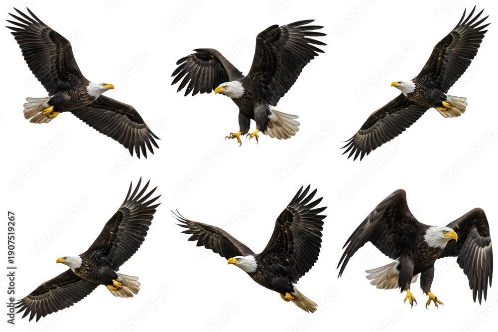 Obraz premium a magnificent photographic collection of six bald eagles captured in various dynamic flight poses, all expertly isolated on a transparent background.