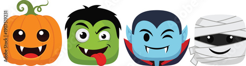 Cute halloween monster face icons, pumpkin vampire mummy cartoon characters for spooky party stickers kids design illustrations and playful branding