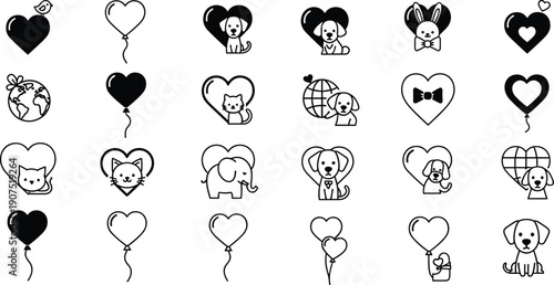 Cute heart icons set, love balloons animals pets symbols, minimal black white line vector illustration isolated background design, collection, elements