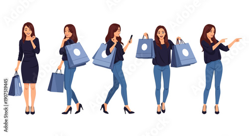 Illustration of a young woman in various poses holding shopping bags and using a phone.