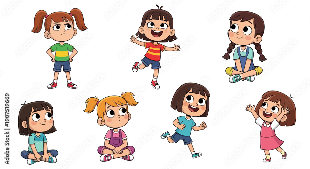 Obraz premium Group of young girls engaging in various playful activities and poses in a lively illustration