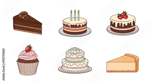 Assorted pastries and cakes including cupcakes and layered desserts on display