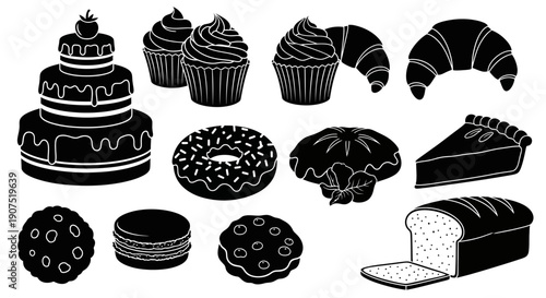 Assorted baked goods and pastries displayed in a graphic illustration of various treats.
