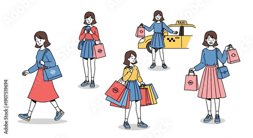 Multiple women shopping, carrying bags and browsing products in various poses and outfits.