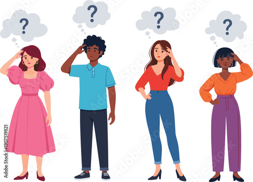 Diverse confused people thinking with question marks, decision making problem concept illustration, uncertainty doubt teamwork psychology flat design vector