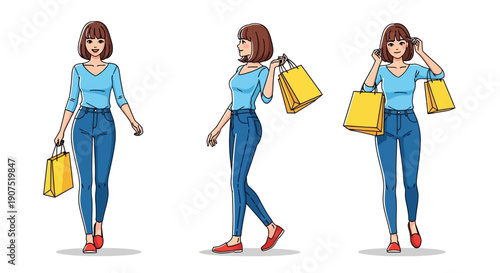 Woman Walking with Shopping Bags, Carrying Purses and Wearing Red Shoes in a Fashionable Scene