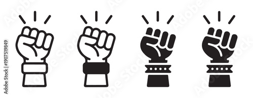 Fist icon set, raised fist symbol representing solidarity and support, resistance and protest