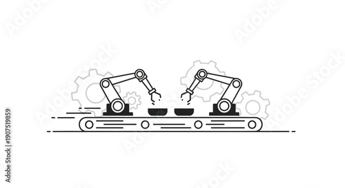 Robotic arms on assembly line.