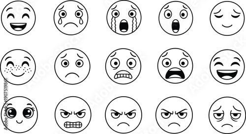 Emoticon faces icons, cartoon expressions vector, emotional character illustration, happy sad angry surprised design, black silhouette artwork, communication graphic set