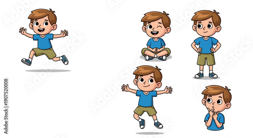 Illustration of a boy performing various actions in different poses and outfits