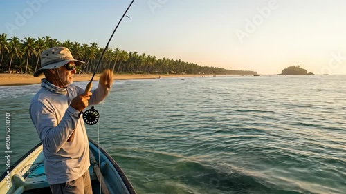 Wallpaper Mural Person Fishing on a Boat During Sunset in a Calm Water Body. Torontodigital.ca