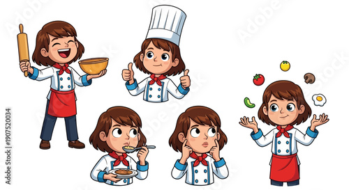 A young female chef in various poses with cooking utensils and ingredients in a lively kitchen scene, viewed from the front, showcasing her skills and enthusiasm.