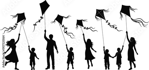 Family silhouettes flying kites together showing parents and children outdoors isolated on white background for childhood freedom concept illustration