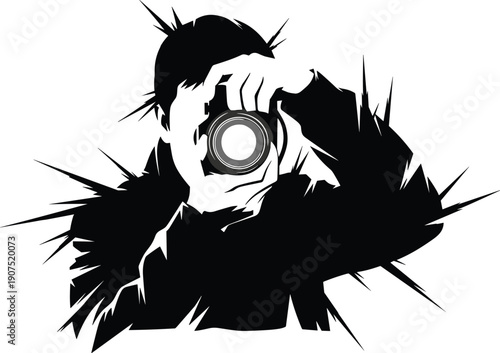 Modern photographer silhouette with camera lens, professional paparazzi guy, creative artist graphic, digital photography concept illustration, isolated vector art