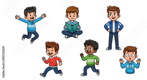 Group of diverse young boys engaging in various energetic activities together outdoors in a lively setting