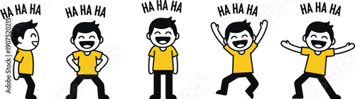 Funny cartoon boy laughing character set, cute flat vector illustration showing happy emotions, joy, humor poses for kids design