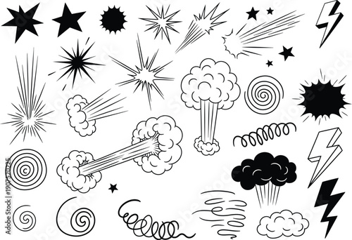 Black and white illustration of various explosion and weather icons