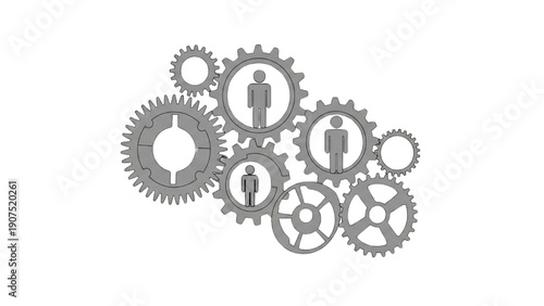Teamwork and Collaboration Gears Interlocking with Human Silhouettes