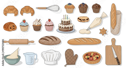 Assorted baked goods and kitchen utensils displayed on a clean white surface from a direct overhead viewpoint