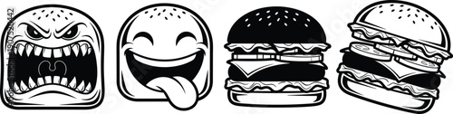 Funny monster face and burger cartoon icons set, crazy expressions, fast food characters, black white vector illustration isolated on background