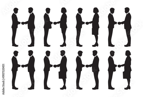 Group of business silhouettes shaking hands, signifying teamwork, partnerships and successful negotiations