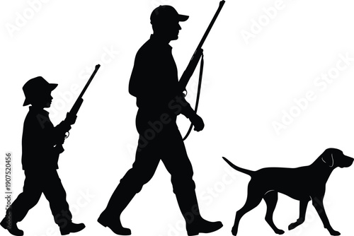 Silhouette of a father and young son hunting with rifles and a bird dog in the field at sunset or sunrise,