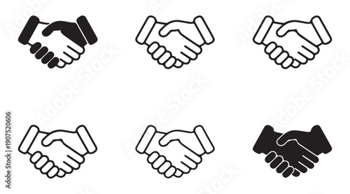 Collection of handshake vector icons featuring line art and silhouette designs for professional branding
