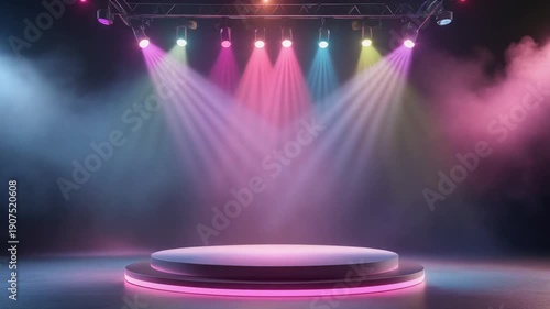 An exhibition stage with a brilliant lighting effect on a soft background. Colorful smoke background against soft background,