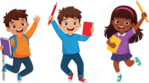Happy school children cartoon illustration, diverse kids jumping with books and pencils, education learning concept for back to school design