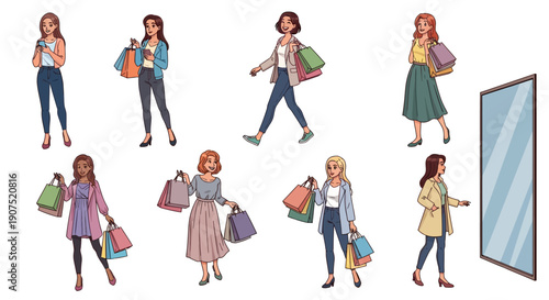 Fashionable women with shopping bags in various poses and outfits near a mirror, showcasing lifestyle and apparel