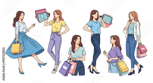 Women shopping together, carrying bags and holding credit cards, illustration of consumerism, fashion, and lifestyle