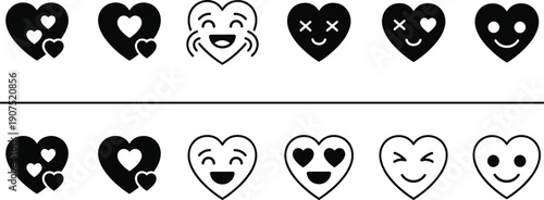 Heart emoji icons set, love reaction symbols collection, smiling heart faces, black white minimal vector illustration isolated background