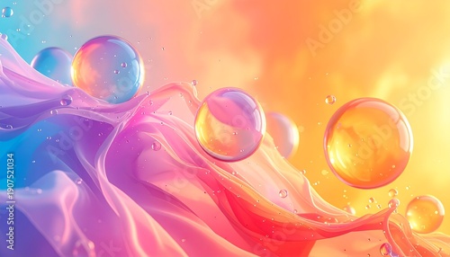 Abstract composition of floating orbs, fabric-like formations, and a gradient of colors