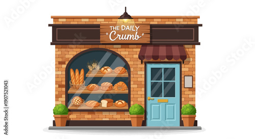 Illustration of bakery storefront with assorted pastries displayed in the window, viewed from the front
