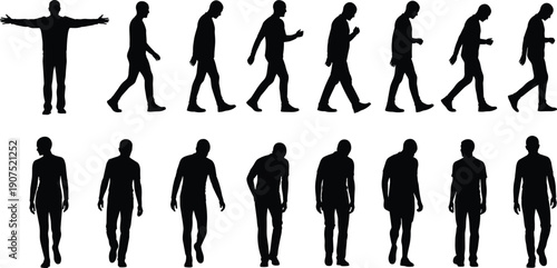 Man walking silhouette sequence set, human movement poses collection, black figures illustration, walking animation reference isolated on white background