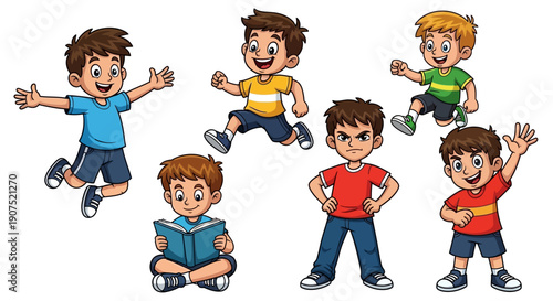 Group of energetic young boys jumping and standing together in playful cartoon illustration