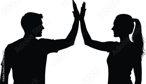 Man, and, woman, silhouette, high, five, gesture, teamwork, success, celebration, concept, black, human, vector, illustration, isolated, on, white, background, design