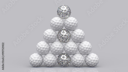 Abstract wall of many nine white and triangle shaped gem polygonal balls grey gradient background, Balance, Gravity, Exception concept, Matrix of geometric polygonal balls shapes - 3d illustration