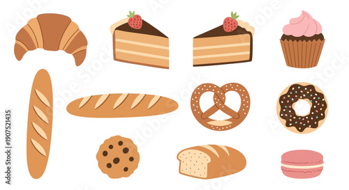 Variety of baked goods and pastries on display, including croissants, cakes, and cookies, presented in a flat illustration style